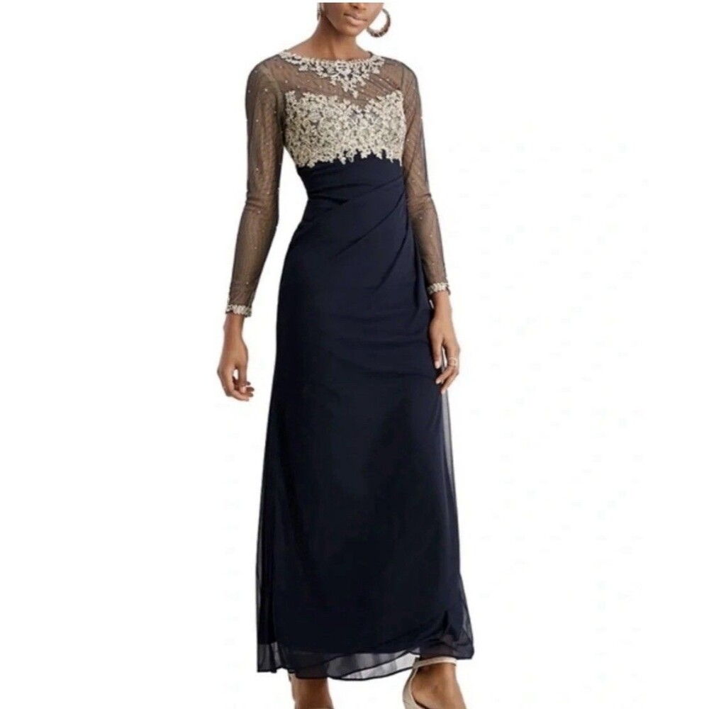 Xscape Women’s Navy Gold Blue Embellished Bodice Sheer Illusion Gown Size 8